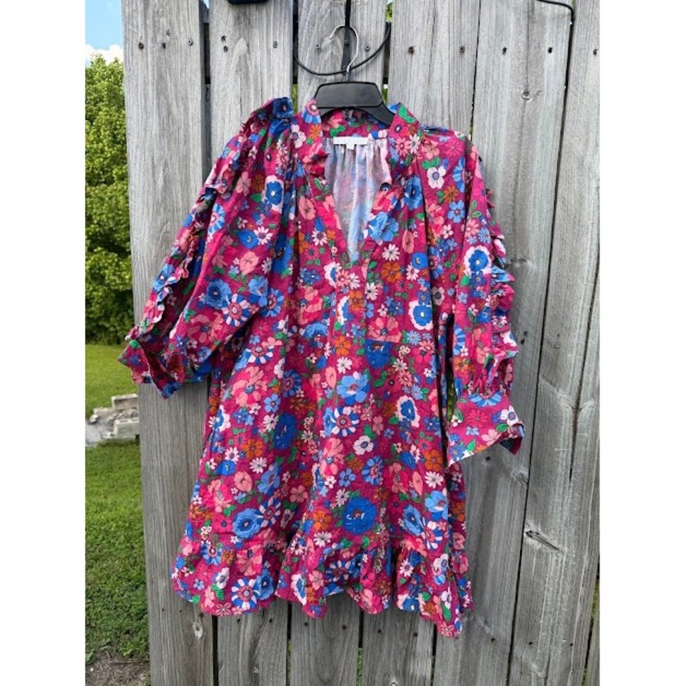 NWOT Boho Karlie Dress Women Medium Pink Floral Ruffle V-Neck Long Sleeve Mini